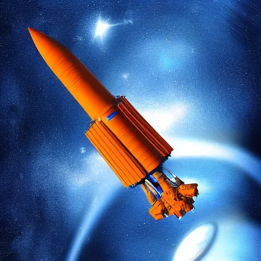 Prompt: Blue Ariane 6 in space, Orange planet, digital art, highly detailed