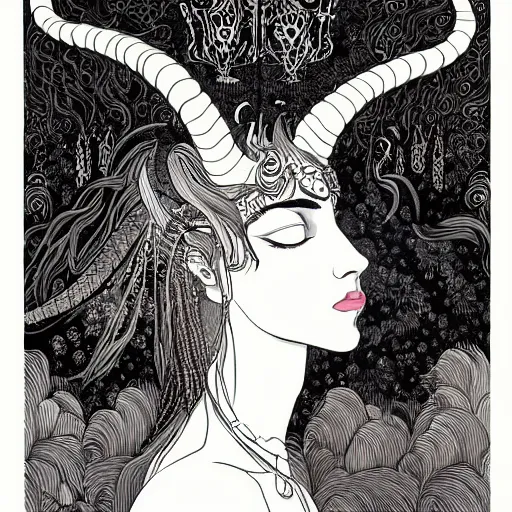 Prompt: filigree detailed illustration portrait of a profile of gypsy half - girl half - goat with long curly hair and big goat horns on her head, aubrey beardsley, tomer hanuka, makoto shinkai