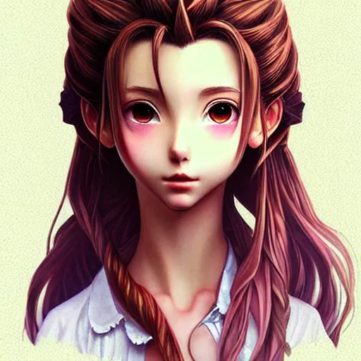 Prompt: pouting Aerith Gainsborough close-up portrait looking straight on, complex artistic color ink pen sketch illustration, full detail, gentle shadowing, fully immersive reflections and particle effects, chromatic aberration, art by Artgerm