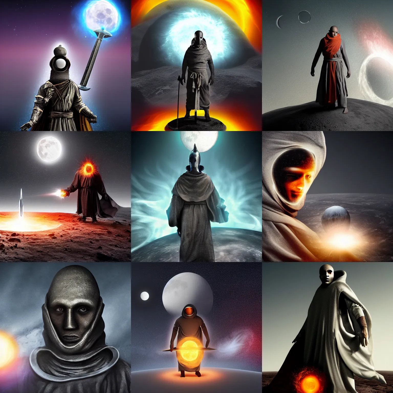 Prompt: futuristic monk in grey metal cloth with a fiery black hole instead of head holding a rusty giant sword standing on the moon, his head is a black-hole surrounded by glowing matter, 8K resolution, very aesthetic, moon surface background