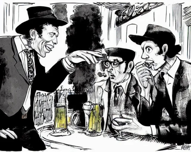 Prompt: Tom Waits and Roberto Benigni in a pub by Will Eisner
