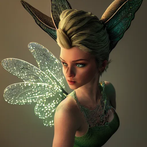 Image similar to full body pose, hyperrealistic photograph of tinkerbell, dim volumetric lighting, 8 k, octane beautifully detailed render, extremely hyper detailed, intricate, epic composition, cinematic lighting, masterpiece, trending on artstation, very very detailed, stunning, hdr, smooth, sharp focus, high resolution, award, winning photo, dslr, 5 0 mm