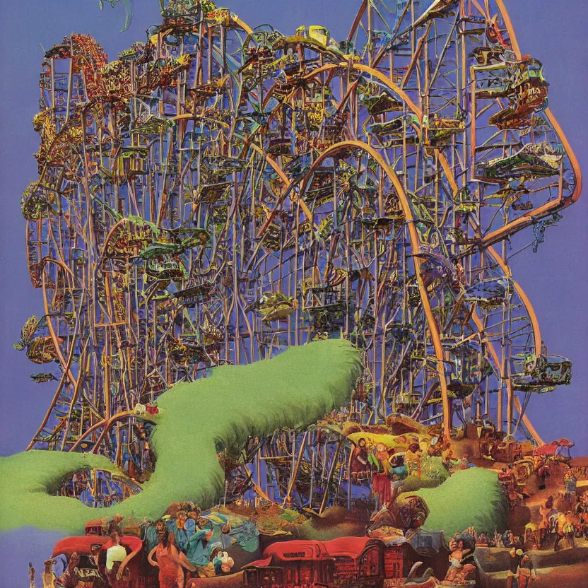 Image similar to an amusement park with rollercoasters, rides, a ferris wheel, and attractions, by richard corben, zdzisław beksinski. goosebumps cover art. pulp horror art.