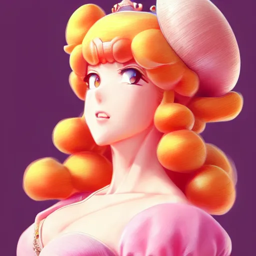 Image similar to 3 / 4 view of a portrait of princess peach, confident pose, genshin impact,, intricate, elegant, sharp focus, illustration, highly detailed, concept art, matte, trending on artstation, anime, art by wlop and artgerm and greg rutkowski, ilya kuvshinov, strong strokes, photo of princess peach h 6 4 0