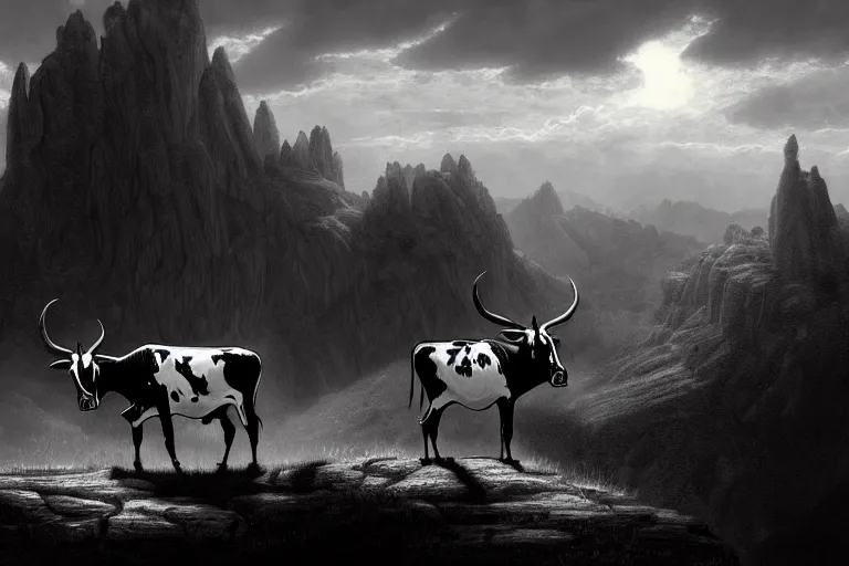 Image similar to a black and white longhorn on a high bluff, key visual, concept art, extremely moody lighting, highly detailed, digital painting, artstation, unreal engine, in the style of charles marion russell and albert bierstadt and frederic remington