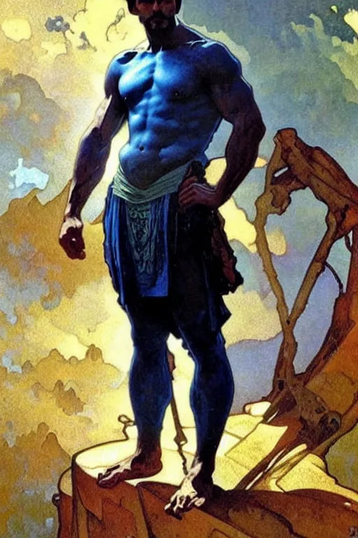 Prompt: A man wearing blue clothes, muscular, fantasy, painting by greg rutkowski and alphonse mucha