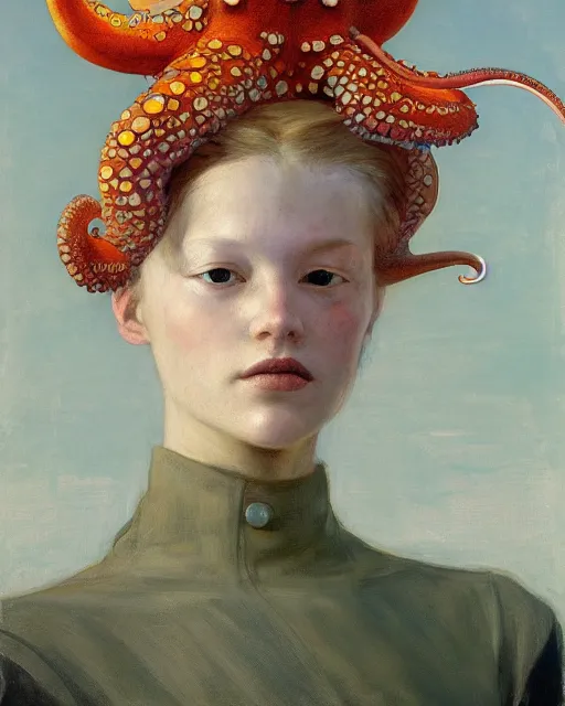 Image similar to a beautiful girl wearing an octopus as a hat, painted by edgar maxence, edward hopper, wayne barlowe and james gilleard, airbrush, art by jamesjean