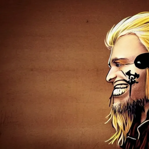 Image similar to a happy smiling loving blond beautiful pirate captain gazing into the horizon in the style of banksy