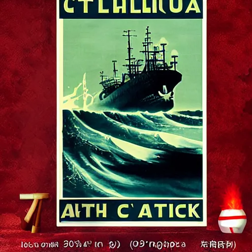 Image similar to cthulhu attack ship in ocean, old japanese poster