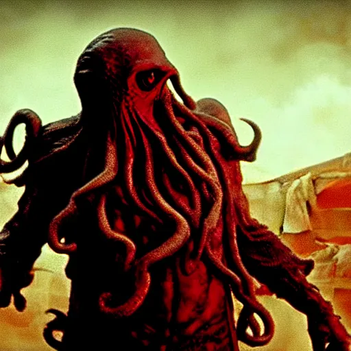 Image similar to cthulhu starring in the movie mad max, impressive scene. grainy and rough. soft colour scheme. cinematic