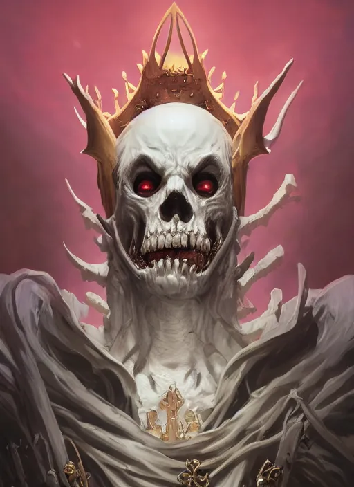 Image similar to highly detailed portrait of majestic undead king, ainz ooal gown, in minimalism, stephen bliss, unreal engine, fantasy art by greg rutkowski, loish, rhads, tristan eaton, makoto shinkai and lois van baarle, ilya kuvshinov, rossdraws, tom bagshaw, alphonse mucha, global illumination, radiant light, detailed and intricate environment