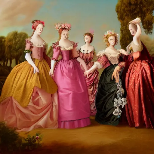 Prompt: group of skinny female artist wearing renaissance dresses, pink and gold flowers in the style of realism, cinematic, high octane render, tonalism, rococo, manga