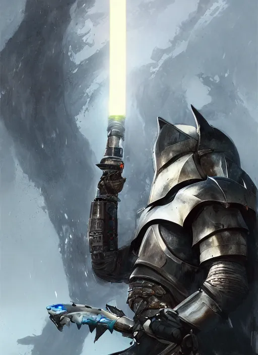 Prompt: a shark wearing knight armor and a lightsaber, fantasy, digital portrait, scifi, realistic, detailed, concept art, comics, ruan jia, wlop