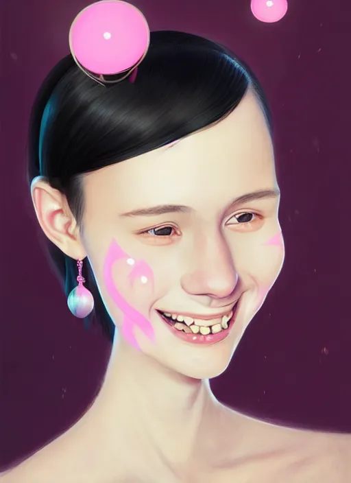 Image similar to portrait of high school girl, realistic, black hair, bangs, half updo hairstyle, pointy nose, skinny, smile, ugly, defined jawline, big chin, pink hair bow, earrings, intricate, elegant, glowing lights, highly detailed, digital painting, artstation, sharp focus, illustration, art by wlop, mars ravelo and greg rutkowski