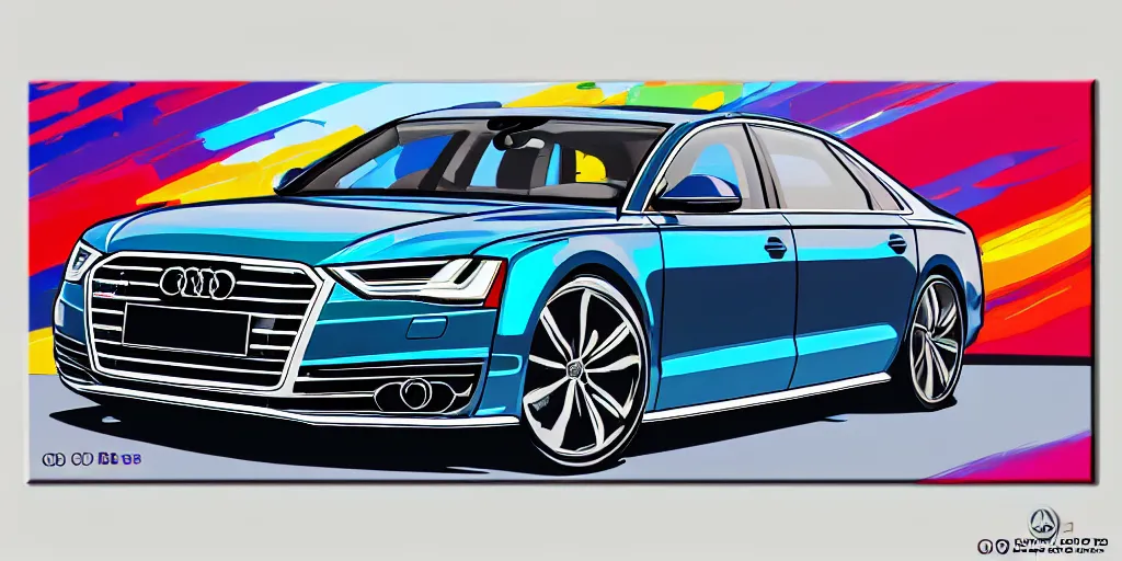 Image similar to audi a 8 pop art painting, rtx, raytracing, 8 k, highly detailed, sharp colors,