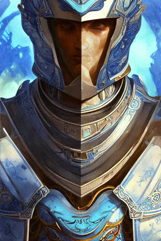 Image similar to portrait knights of Zodiac male, Chinese Blue and white porcelain reflected armor, in ruined Agora of Athens Sunrise, ssci-fi and fantasy, intricate and very very beautiful and elegant, highly detailed, Frostbite Engine, digital painting, artstation, concept art, smooth and sharp focus, illustration, art by tian zi and WLOP and alphonse mucha