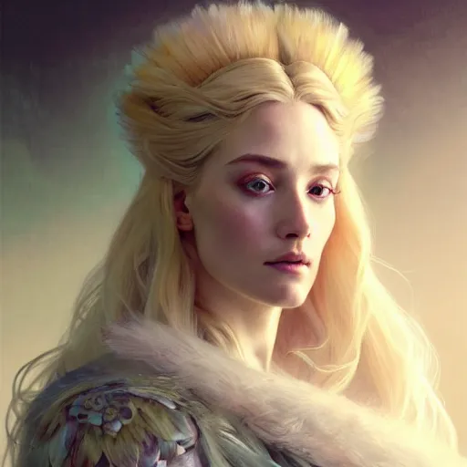 Prompt: portrait painting of a beautiful blonde lady with a kind face wearing a feathered cloak and a fancy dress, ultra realistic, concept art, intricate details, eerie, highly detailed, photorealistic, octane render, 8 k, unreal engine. art by artgerm and greg rutkowski and charlie bowater and magali villeneuve and alphonse mucha