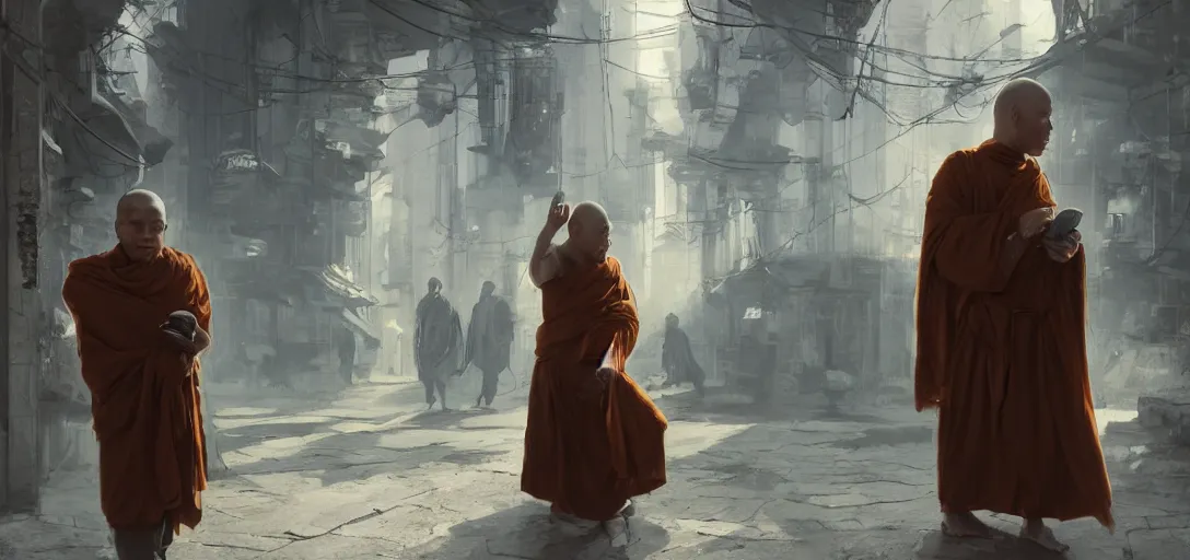 Image similar to monk meditation in a cyberpunk world with people walking around wearing vr headset by eugene von guerard, ivan shishkin, concept art, trending on artstation