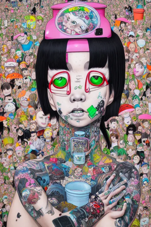 Prompt: full view, from a distance, of anthropomorphic trashcan, style of yoshii chie and hikari shimoda and martine johanna, highly detailed