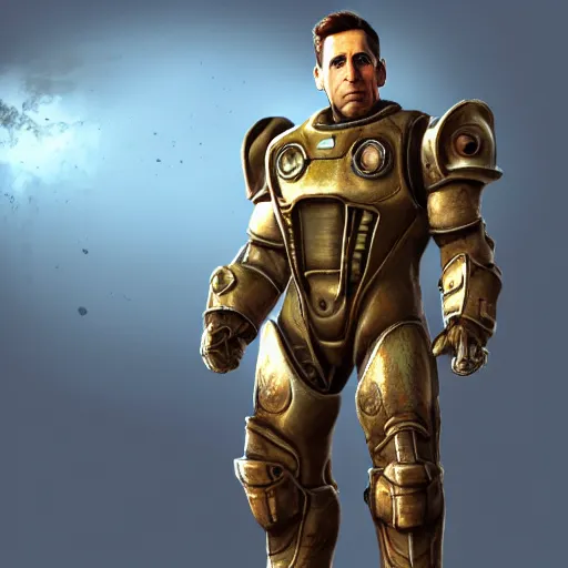 Image similar to Michael Scott in a fallout power armor, fallout4, rtx, raytracing, unreal engine, hyper realistic, sun rays