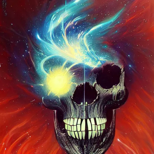 Prompt: the spiraling flow of the super nova is what forms the ancient preist skull, by ross tran, oil on canvas