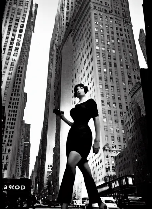 Prompt: 3 5 mm film photography of a joan holloway, hourglass figure, of mad men on madison avenue, new york city. by robert frank. life magazine, marquee lights glow in the background. ilford hp 4 0 0 iso, nikon ltm lens 3 5 mm lens, leica iii, symmetrical balance, in - frame