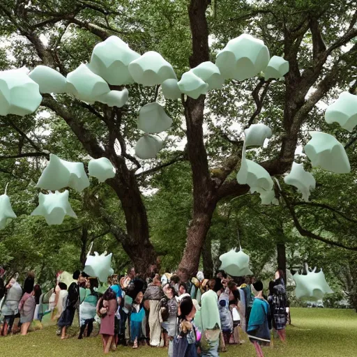 Image similar to composed celadon by hayao miyazaki, by jacob hashimoto. sculpture. a group of people gathered around a large tree in a forest. the tree is surrounded by a bright light, & the people appear to be looking up at it in wonder.