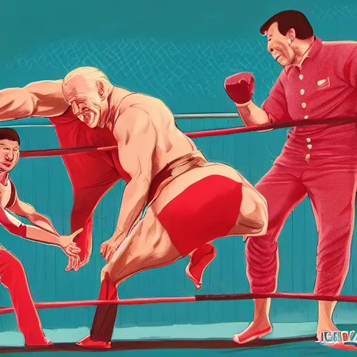 Image similar to Joe Biden fight Xi Jinping in a wrestling match, funny, caricature, realistic, detailed, full body, teal suit, intricate, elegant, highly detailed, artstation, sharp focus, illustration, art by Artgerm, Makoto Shinkai, Ilya Kuvshinov, Lois Van Baarle, and Rossdraws