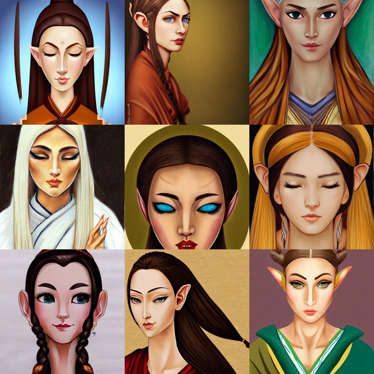 Prompt: tall female half elf with short ears, long blond single braided hair, almond shaped dark brown eyes with long lashes, big forehead with a round tapered face, sharp nose with rounded edges, full lips, monk clothes, portrait illustration, oil painting