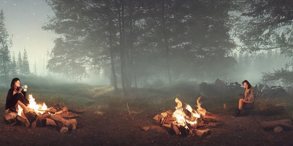 Image similar to A girl with short black hair and green eyes in a tan trenchcoat sitting on a log and drinking tea by the campfire by her motorcycle at night under the stars, elegant scene, beautiful landscape in the background, wide angle, cinematic lighting, atmospheric, ultrarealistic, trending on artstation, cgsociety, highly detailed, color graded, in the style of craig mullins, rendered in Unreal Engine 4k HQ, horizon forbidden west