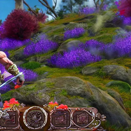 Image similar to kratos in flowers hill, screenshot