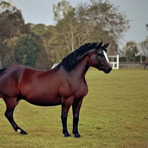 Image similar to a hyper obese horse. The horse is so fat that his legs can’t touch the ground