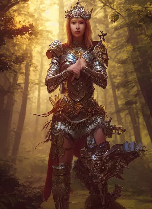 Image similar to Beautiful art portrait of a female fantasy queen in plate armour in a bright temple surrounded by lush forest, atmospheric lighting, intricate detail, cgsociety, hyperrealistic, octane render, RPG portrait, ambient light, dynamic lighting