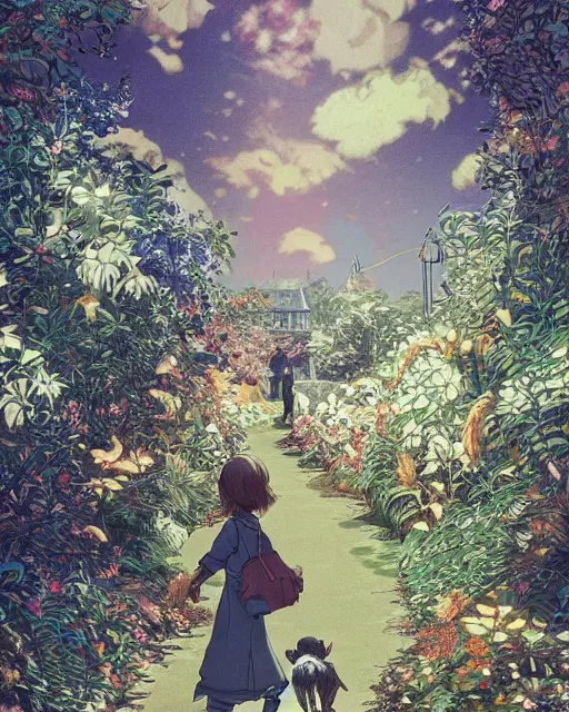 Image similar to a girl walking her small dog at the park, full shot, visible face, ambient lighting, detailed, art by ayami kojima, makoto shinkai, kilian eng