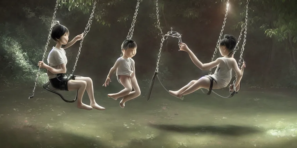 Image similar to hyperrealistic photography of a gentle cyborg pushing an android child on a swing in a cyborg park in the style of Jin Kagetsu, patricia piccinini, James Jean and wlop, highly detailed, masterpiece, award-winning, sharp focus, intricate concept art, ambient lighting, 8k, artstation