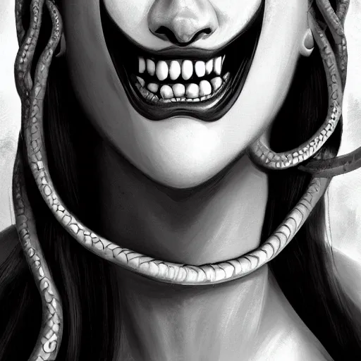 Image similar to medusa portrait painting, black and white, wicked grin, artstation, detailed, blurred background