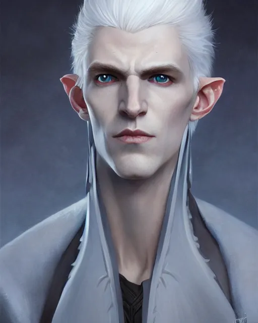 Image similar to character portrait of a slender young white haired half elven man with piercing blue eyes and pale bluish skin, wearing smooth sleek pearlescent black wraithbone armor, by greg rutkowski and mark brookes and jim burns and tom bagshaw and magali villeneuve, trending on artstation