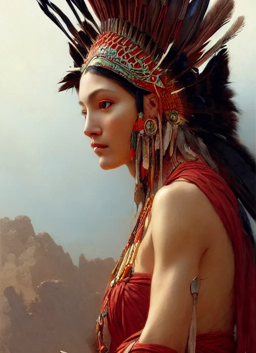 Image similar to gorgeous redskin woman wearing headdress, intricate, elegant, highly detailed, artstation, concept art, smooth, sharp focus, illustration, art by and greg rutkowski and orientalism and bouguereau