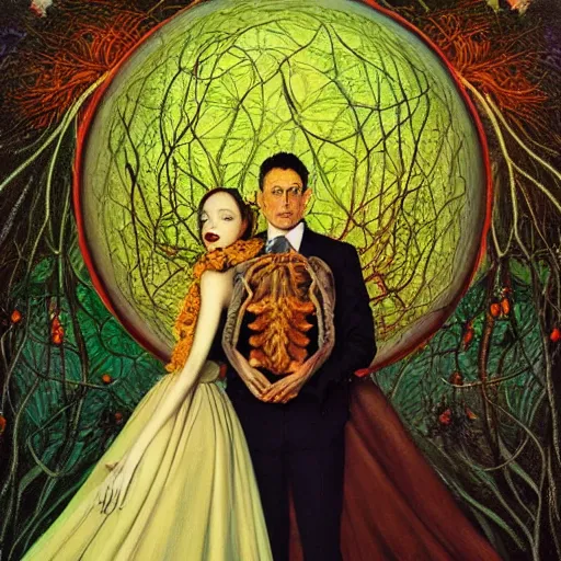 Image similar to two lovers wearing a suit made of nervous system, channeling third eye energy, surrounded by a background of cyber mystic garden of earthly delights, painted part by wojciech siudmak, part by ilya repin, part by norman rockwell, part by zhang jingna, artstation