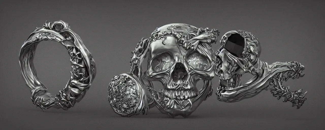 Image similar to simple magic ring of poison, ring, skull, wax, black, smooth shank, crystals, engravings, product design, jewelry, art by gerald brom, greg rutkowski and artgerm and james jean and zdzisław beksinski, 8 k, unreal engine, c 4 d