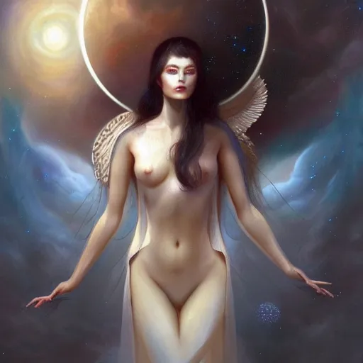 Prompt: a beautiful portrait of a celestial goddess by Jim Burns and Tom Bagshaw