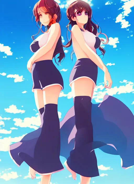 Image similar to two beautiful mothers under a blue sky, summer clothes, gorgeous faces, thick lines, cinematic lighting, detailed anime art