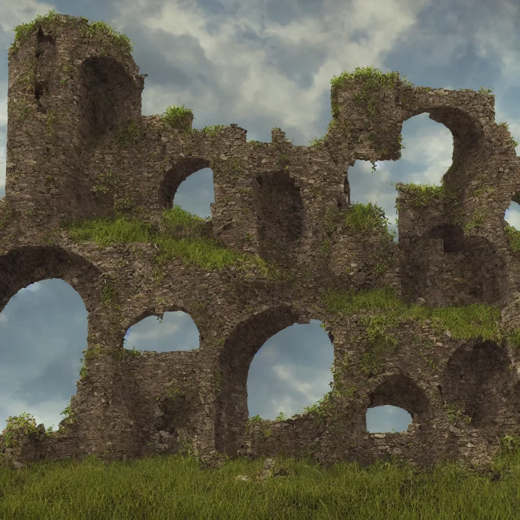 Prompt: looking up at a ruined castle on a small island only reachable by a small land bridge, 8 k, ultra realistic cinematic, intricate, cinematic light, concept art, illustration, art station