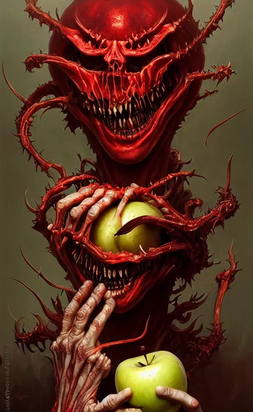 Image similar to tooth and flesh demon holding an apple gift by anna podedworna, ayami kojima, greg rutkowski, giger, maxim verehin