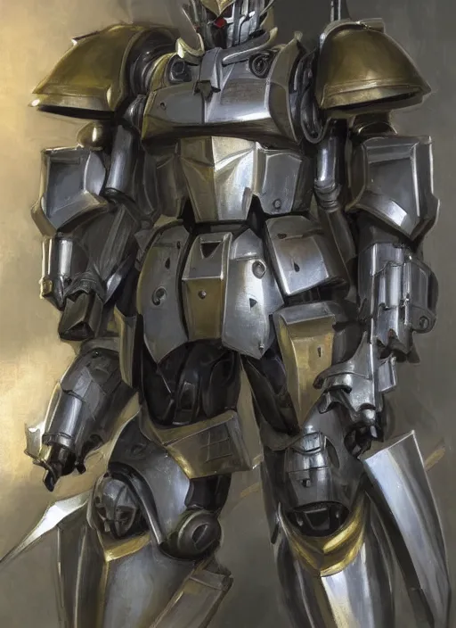 Image similar to medium-length portrait of a male paladin with short curly hair and a greying beard, olive skin, a grim expression and tired eyes, wears a suit of silver power armor, magitech!, gundam, medieval setting, highly detailed, digital painting, artstation, concept art, sharp focus, illustration, art by greg rutkowski and alphonse mucha