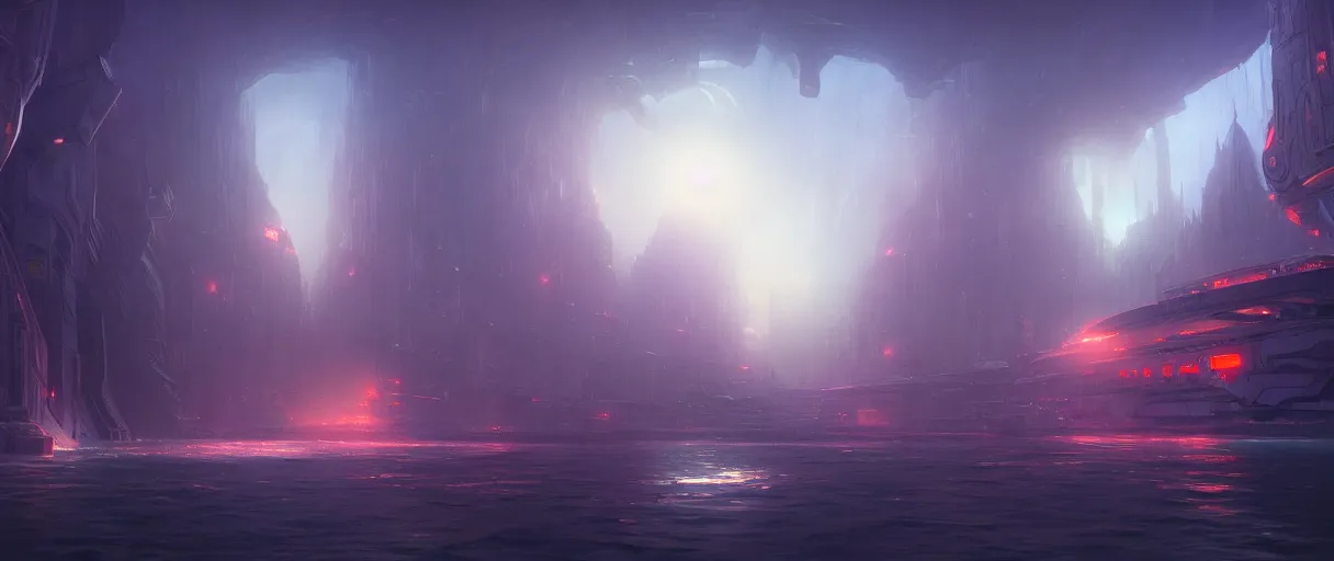 Prompt: digital painting of an underwater sci-fi city, style of Ralph Mcquarrie, concept art, high angle, high detail, cold lighting, dark, vivid, beautiful, caustics, trending on artstation, by Jordan grimmer, no focus, huge scene