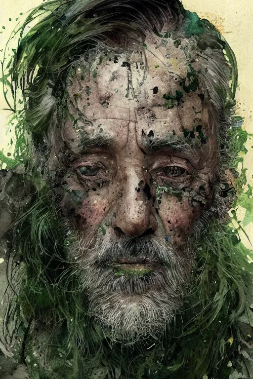 Image similar to portrait of hairy old man with aquarelle painted skin. close up. very dark black hair, green eyes. intricate dark flowers pattern in face and background, high detail, by greg rutkowski