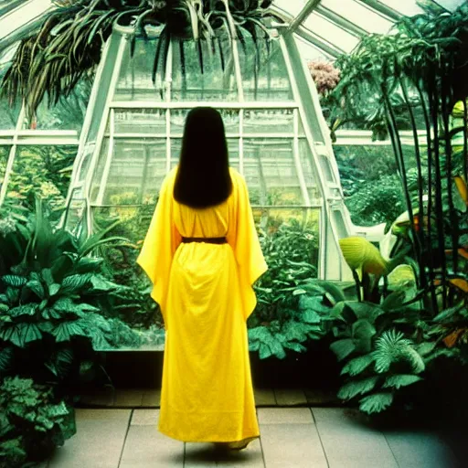 Image similar to Medium format photograph of an perfect woman wearing a yellow kimono in a tropical greenhouse, by james gurney, by john william waterhouse