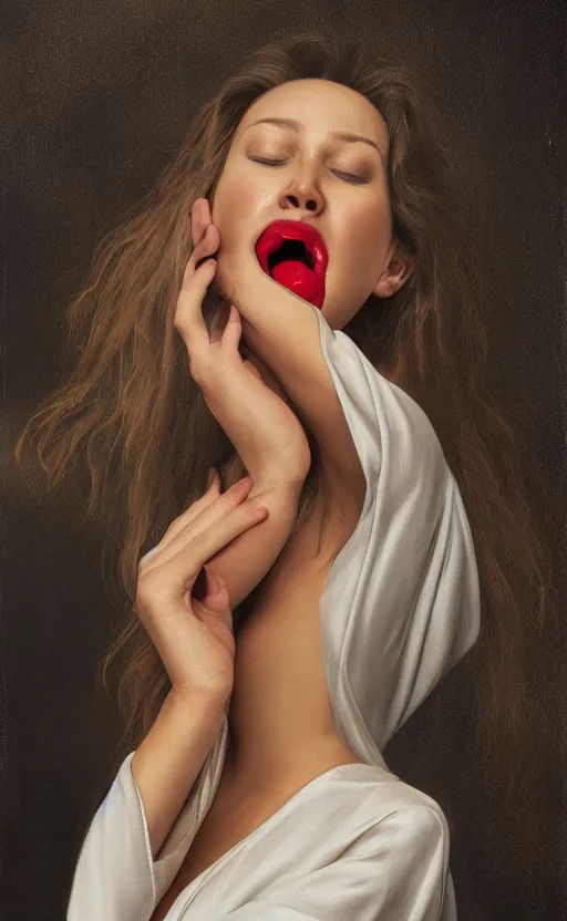 Image similar to portrait of a girl, in a silk robe, honey dripping down her top to bottom, petrolium coming out of her mouth, hyperrealistic, hightech