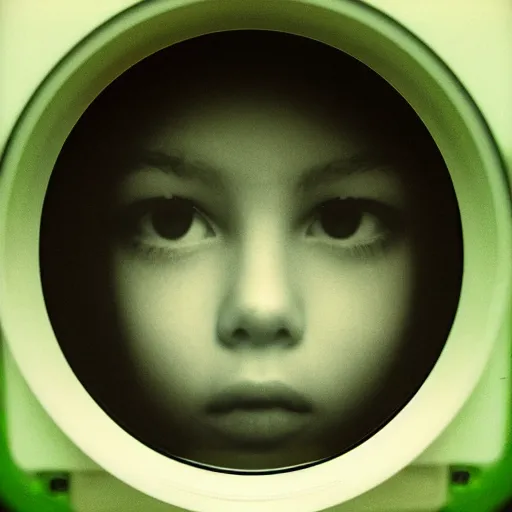 Prompt: realistic composition of closeup of a girl face in dark room at old crt monitor, we can see green letter reflected on her face, photo shot on an old film